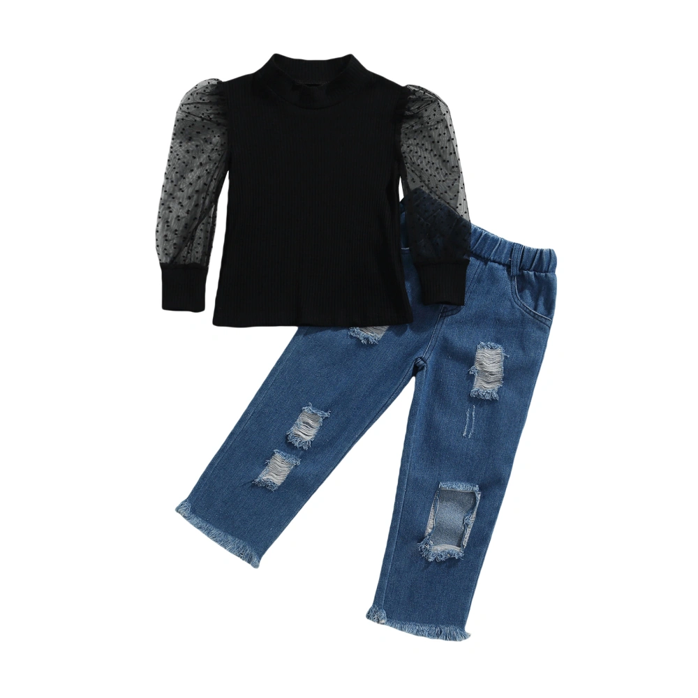 Dot Print Mesh Sleeve Round Neck Pullover + Ripped Jeans with Pockets