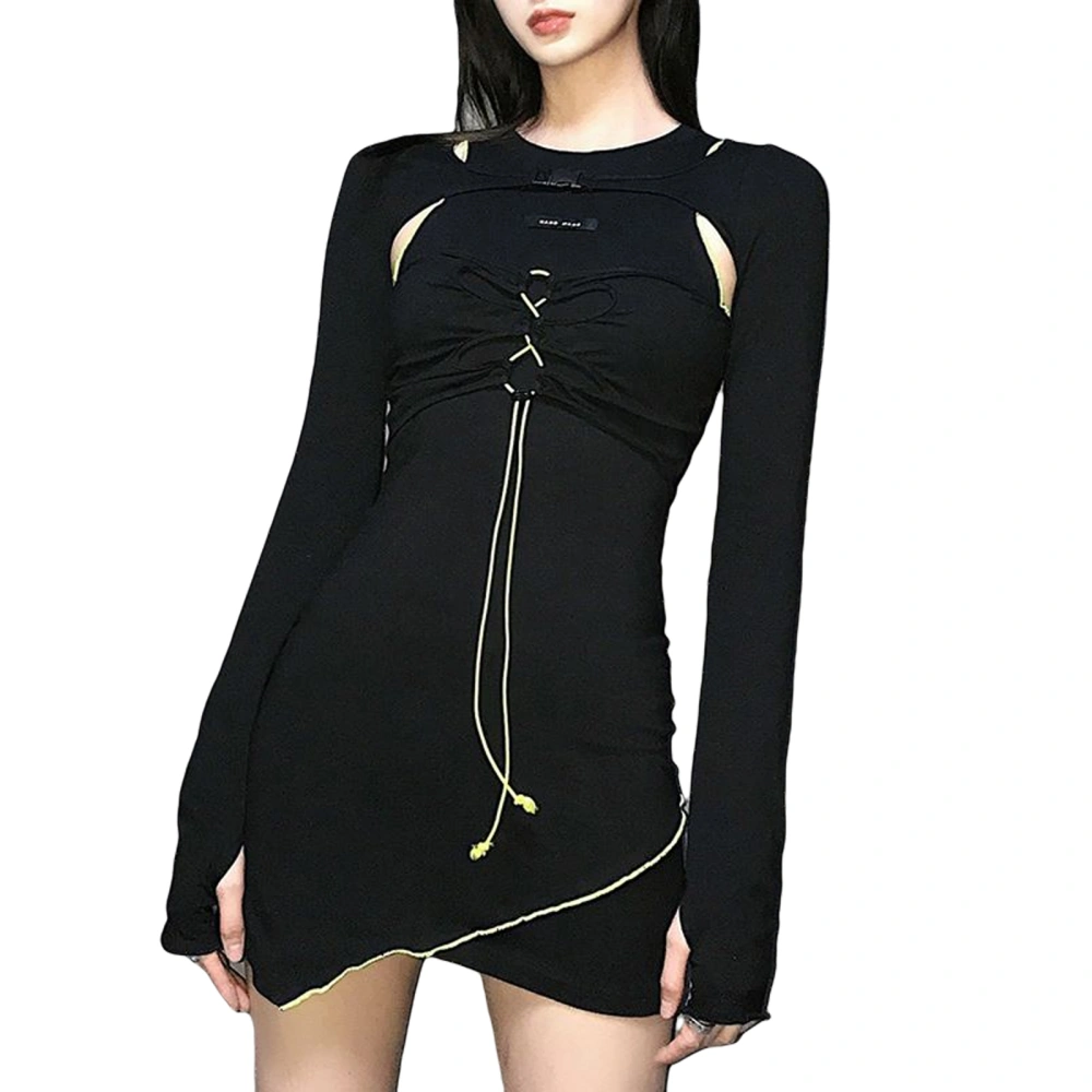 Women One-piece Dress, Long Sleeve Round Neck Irregular Edge Skirt