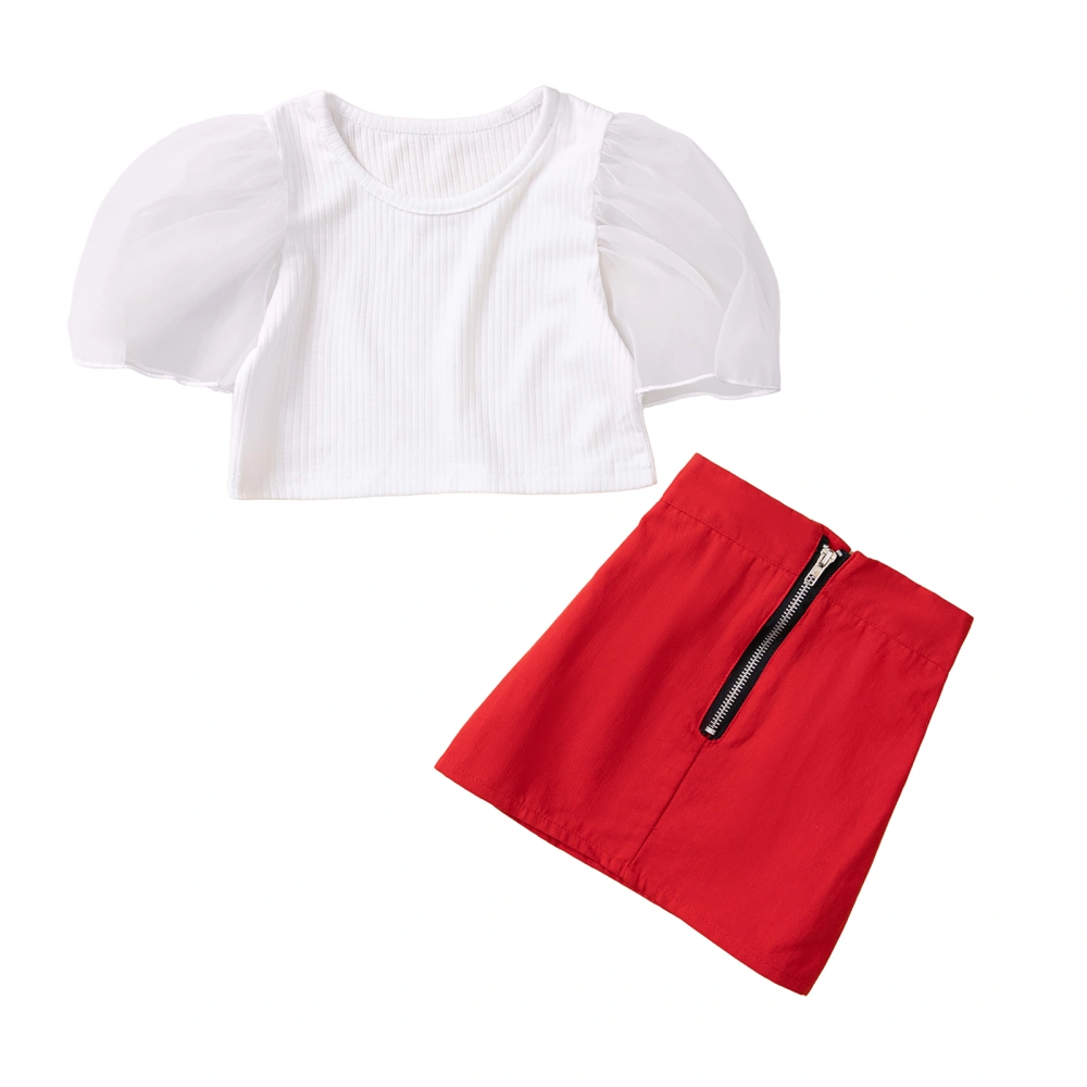 Girl Two Piece Outfits, Puff Sleeves Ribbed Tops Matching Skirt