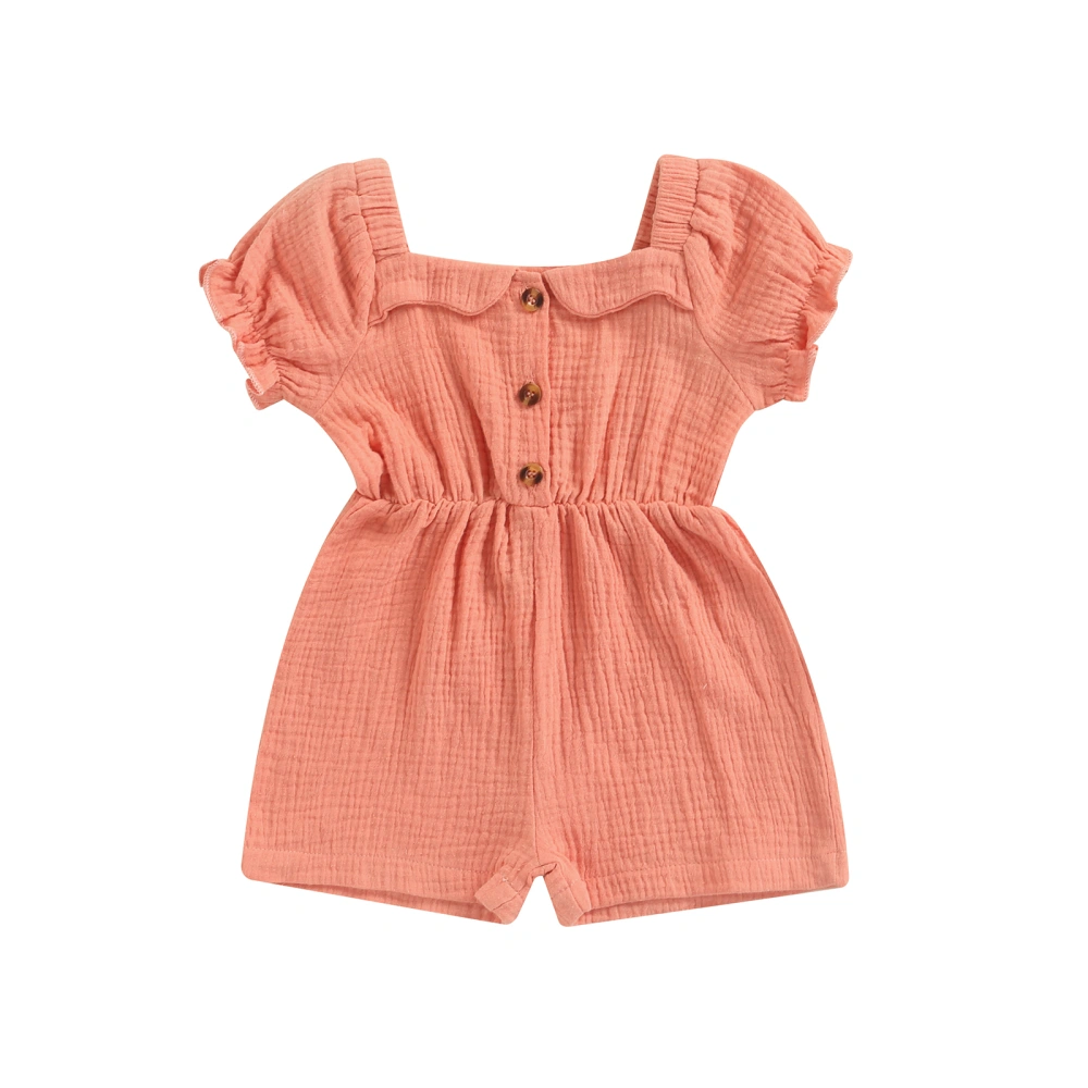 Girls Short Sleeve Romper, Solid Color Ruffles Buttons Short Bodysuit