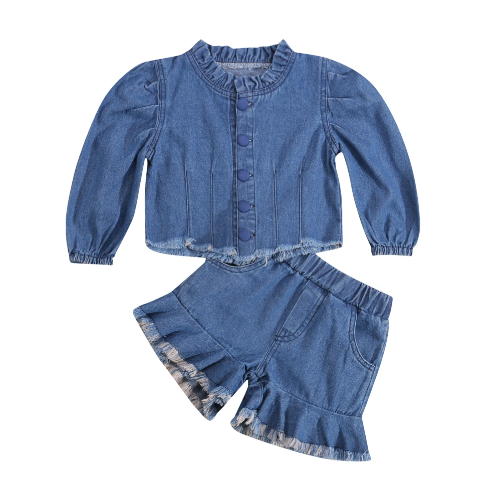 Girl’s Solid Color Denim Long Sleeve Cardigan and Short Pants Set