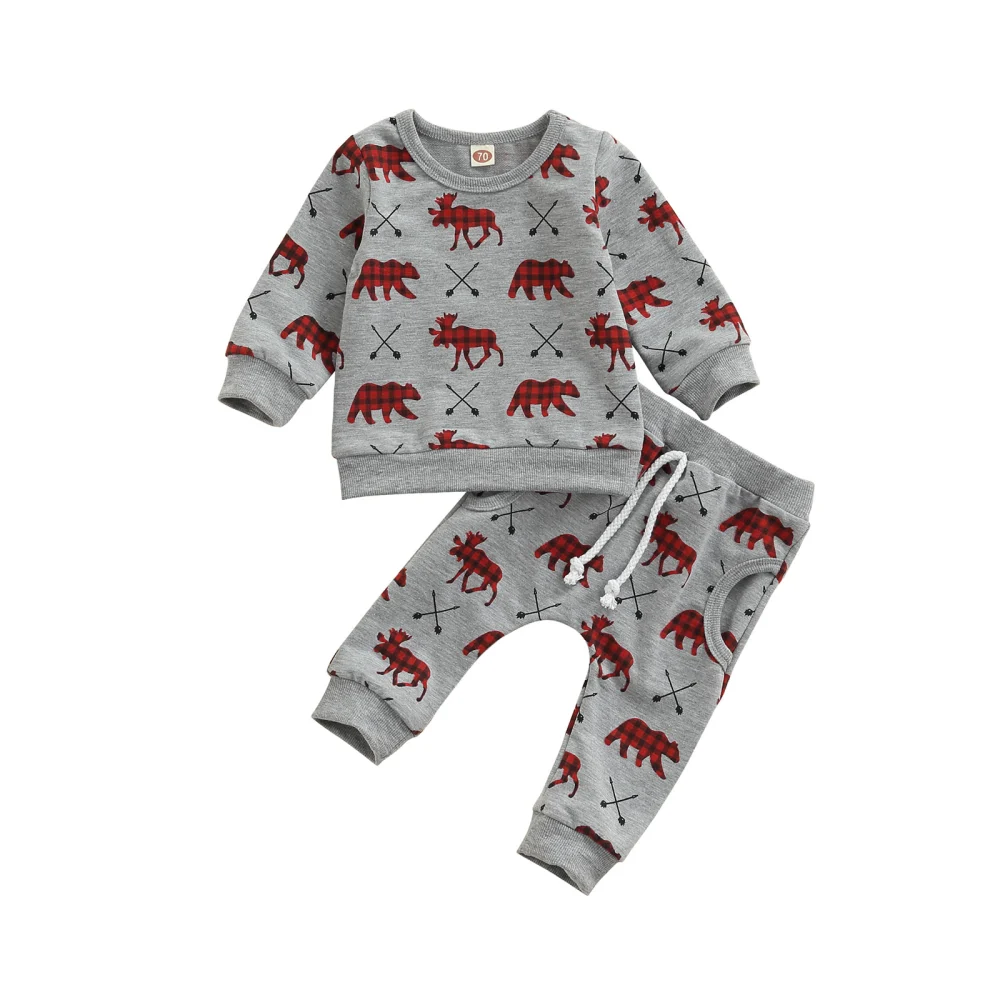 2Pcs Christmas Toddlers Tracksuit, Plaid Deer Pullover + Casual Pants