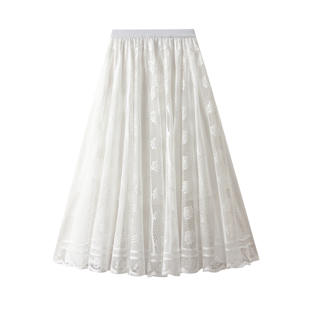 Women Long Lace Pleated Skirt Large Hem Summer Elastic A-line Skirt