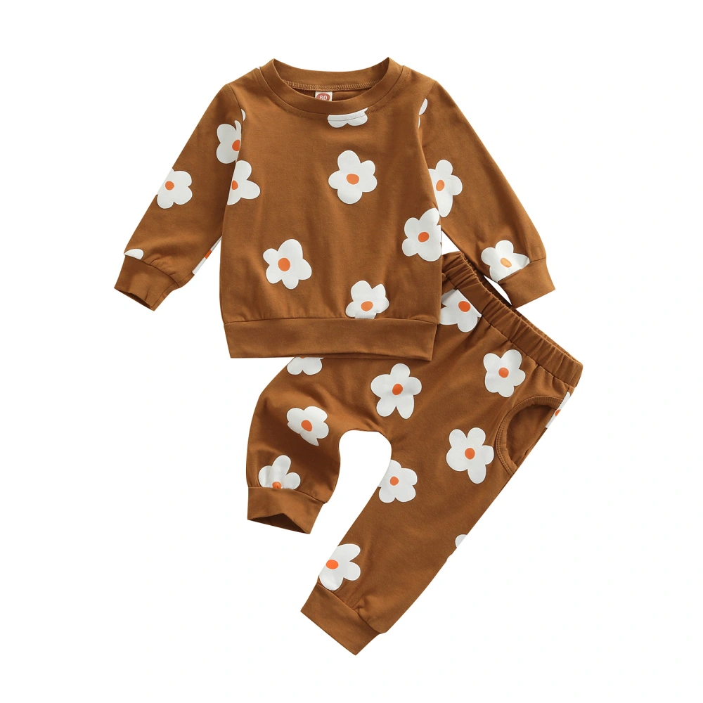 2Pcs Baby Girl Tracksuit, Flower Print Long Sleeve Tops + Casual Pants