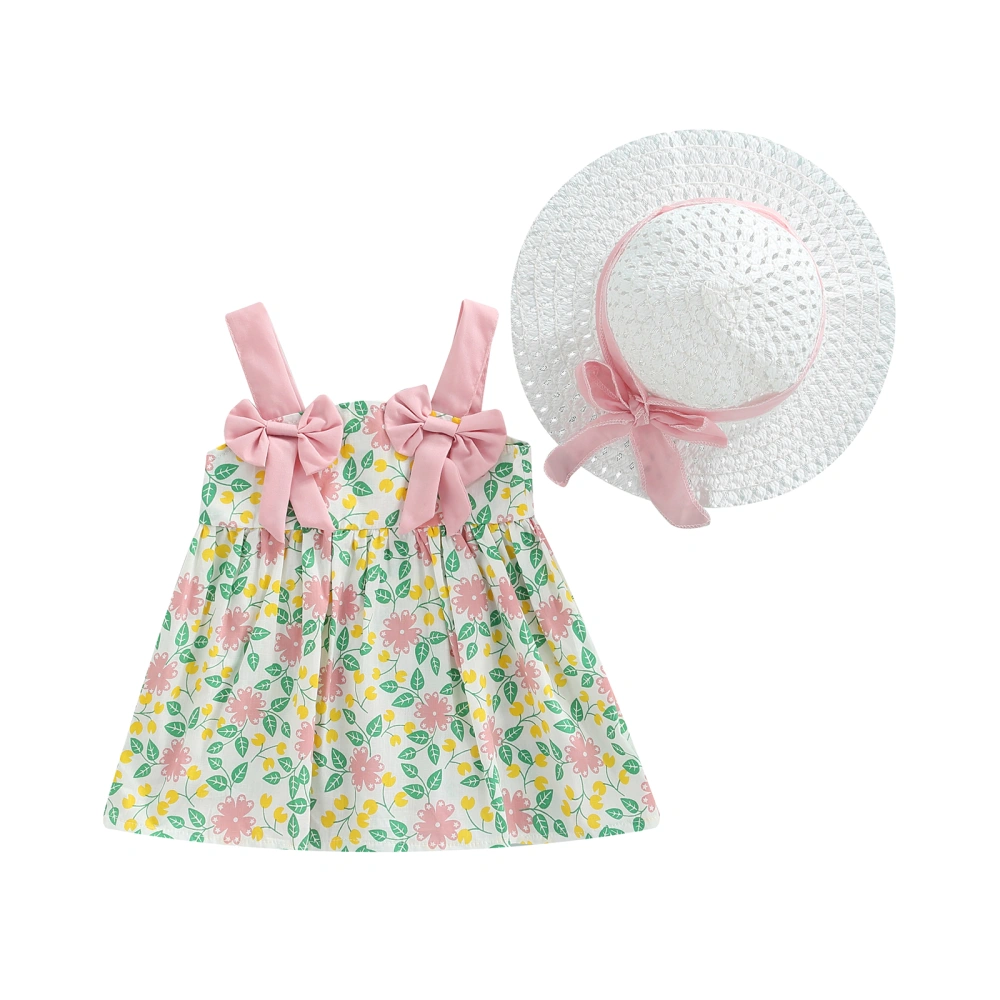 Baby Girls Dress with Hat, Bowknot Shoulder Straps Printed Dress Cap