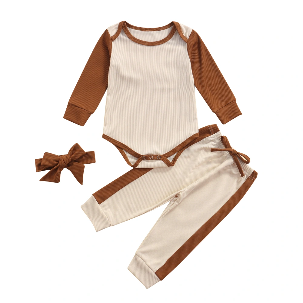 Baby 3Pcs Fall Outfits, Color Block Romper + Pants + Headband