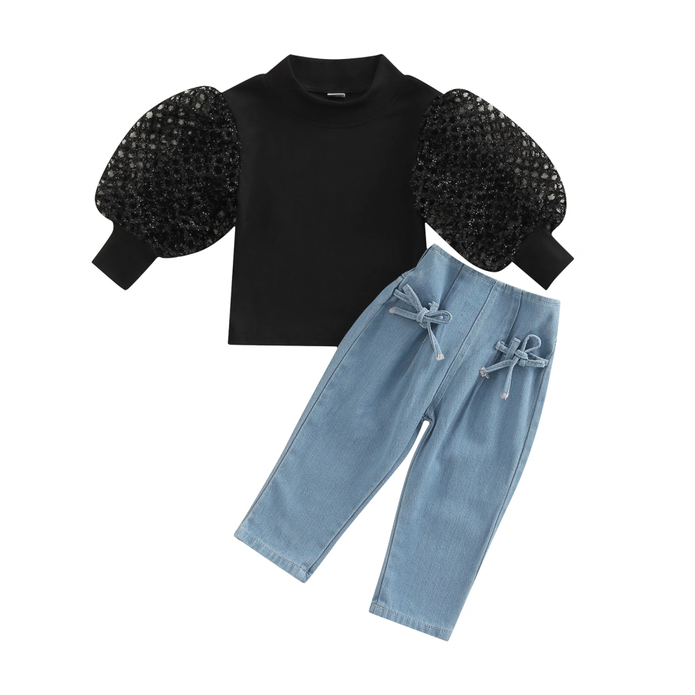 Girls Solid Color Puff Sleeve Pullover + Tie-up Solid Color Jeans