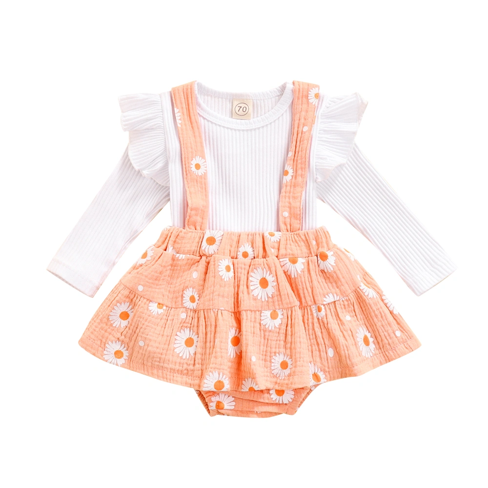 Ribbed Fly Sleeve Round Neck Pullover + Flower Print Overalls