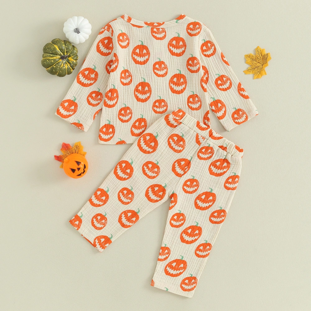 Baby Boy Halloween Outfits Pumpkin Print Henley Tops + Pants Set