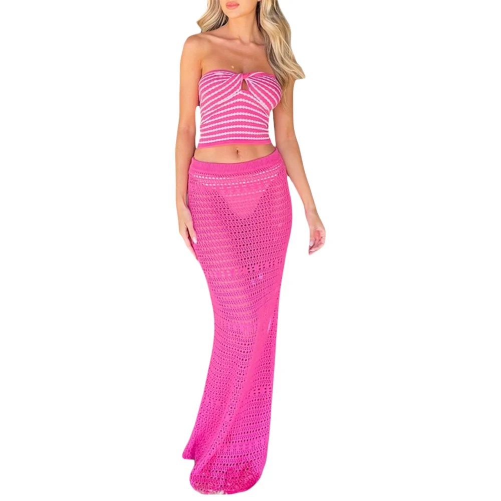 Women Knitted Outfits Striped Knotted Cutout Bandeau and Long Skirt 