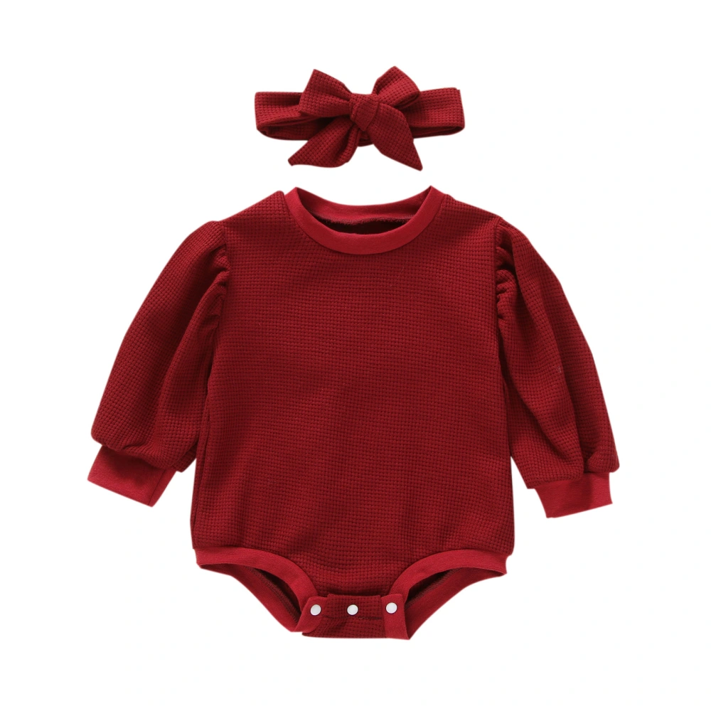 Baby Girl's Jumpsuit Hairband Long Puff Sleeve Crew Neck Romper 