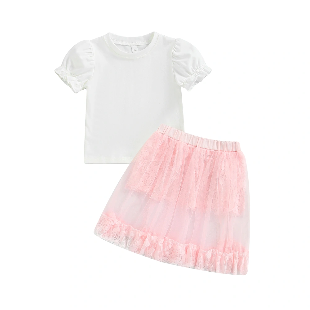 Baby Girl’s Solid Color Short Sleeve T-shirt and Mesh Yarn Short Skirt