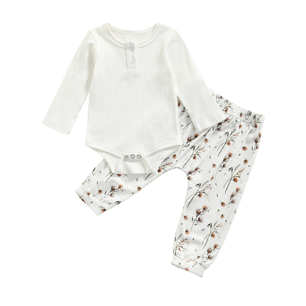 Baby 2Pcs Fall Outfits, Long Sleeve Button Front Romper + Floral Pants