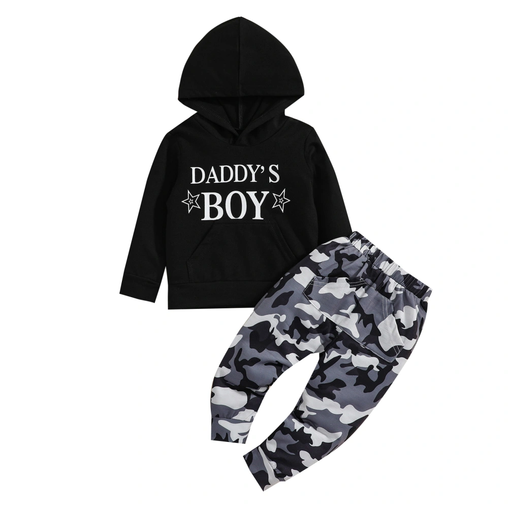 Letter Print Hooded Sweatshirt with Pocket + Camouflage Trousers