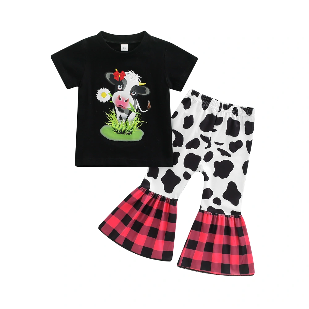 Baby Kid Girls Pants Set, Short Sleeve Cow Print Tops with Flare Pants