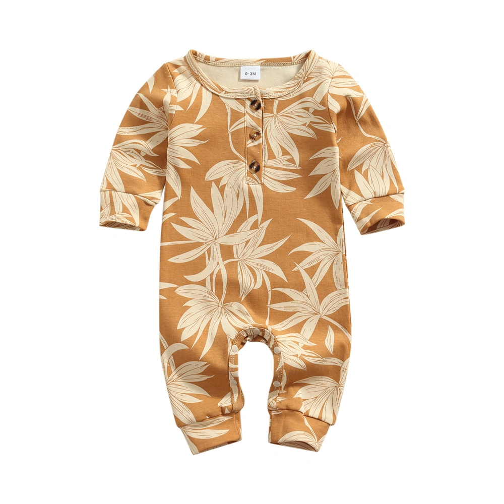 Baby’s Flower Leaves Print Button Round Neck Long Sleeve Jumpsuit