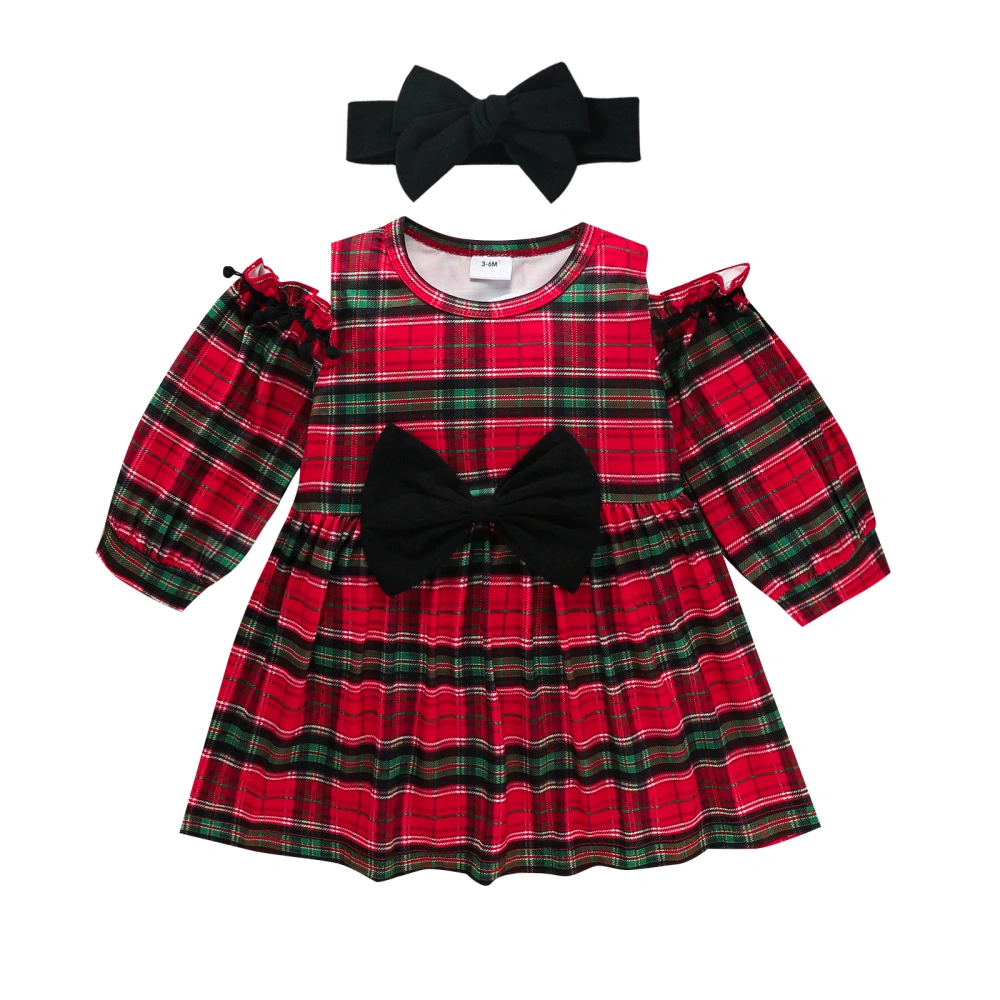 Girl’s Plaid Off-shoulder Long Sleeve A-line Short Dress and Headband