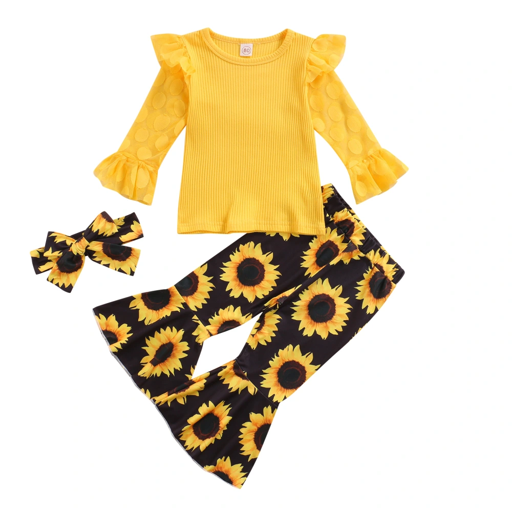 Toddler Outfits, Lace Splicing T-Shirt + Sunflower Flares + Headband