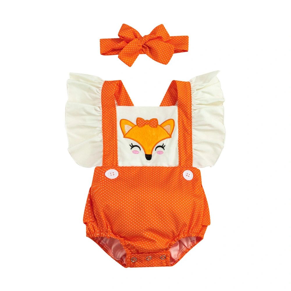 Baby Dots Fox Embroidery Square Neck Fly Sleeve Romper with Headband