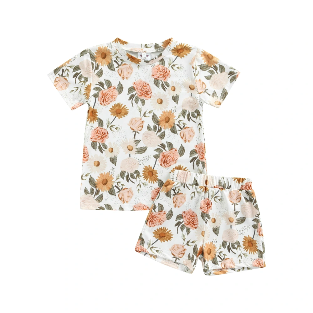 Baby Short Sleeve Tops + Shorts, Flower Pattern Elastic Waist Clothing