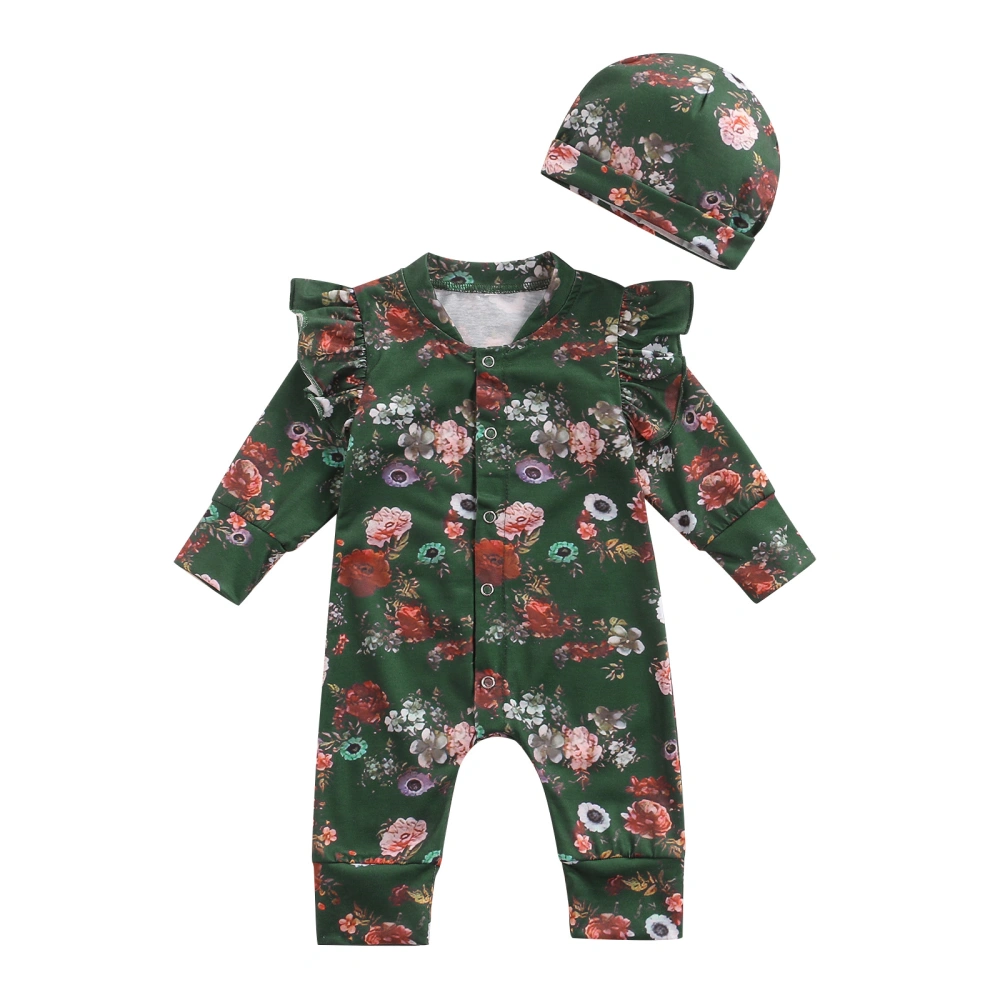 Baby Romper with Hat, Floral Print V-Neck Long Sleeve Bodysuit+ Cap