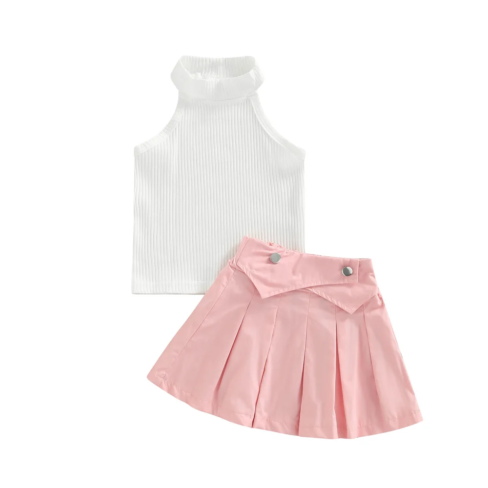 Baby Girl Solid Ribbed Sleeveless Vest + A-Line Pleated Skirt