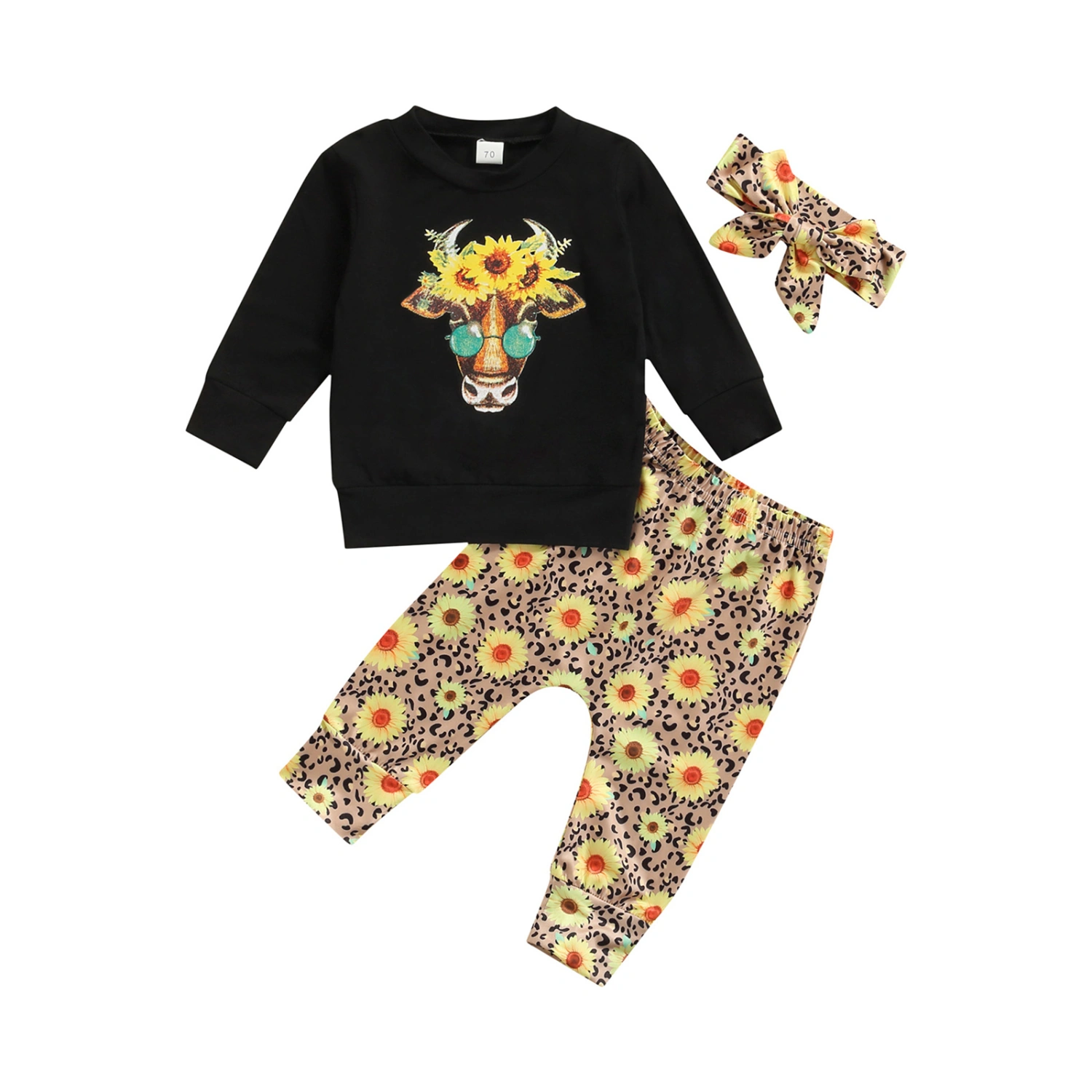 Girls Clothes Set Bull Head Print Tops with Sunflower Pants Headband