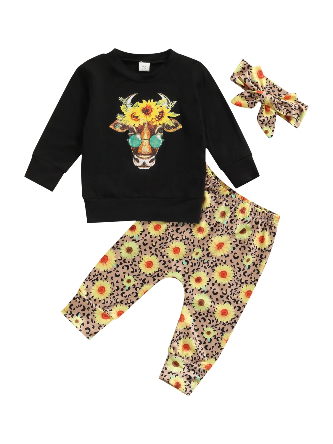 Girls Clothes Set Bull Head Print Tops with Sunflower Pants Headband