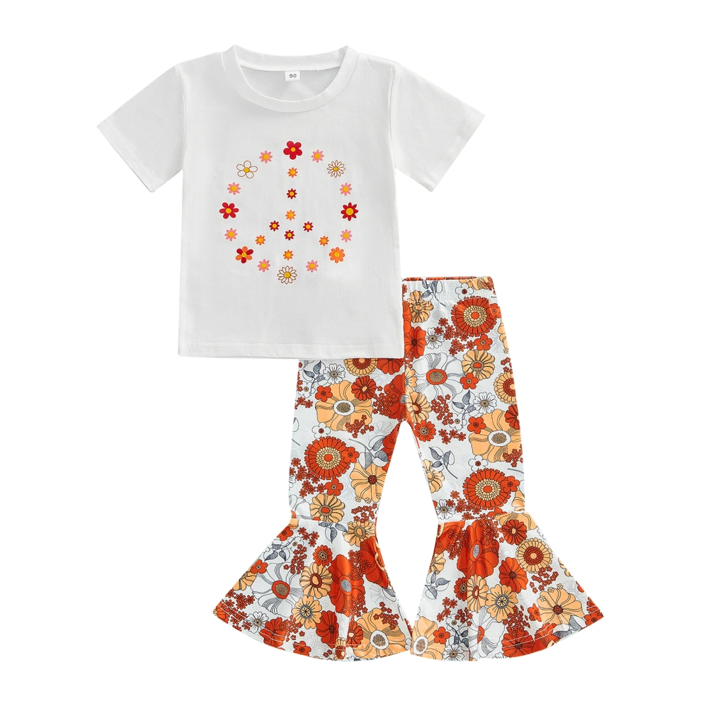 Girls Summer White Short Sleeve T-shirt + Floral Flared Pants