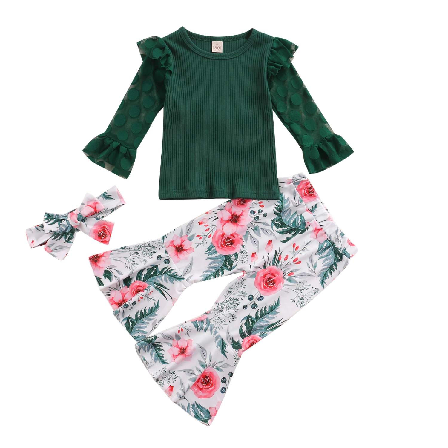 Girl Clothes Set, Solid Color Tops+Floral Print Flared Pant+Headband