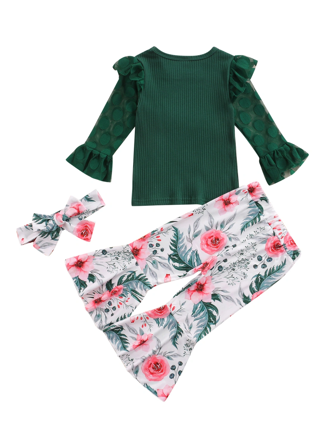 Girl Clothes Set, Solid Color Tops+Floral Print Flared Pant+Headband