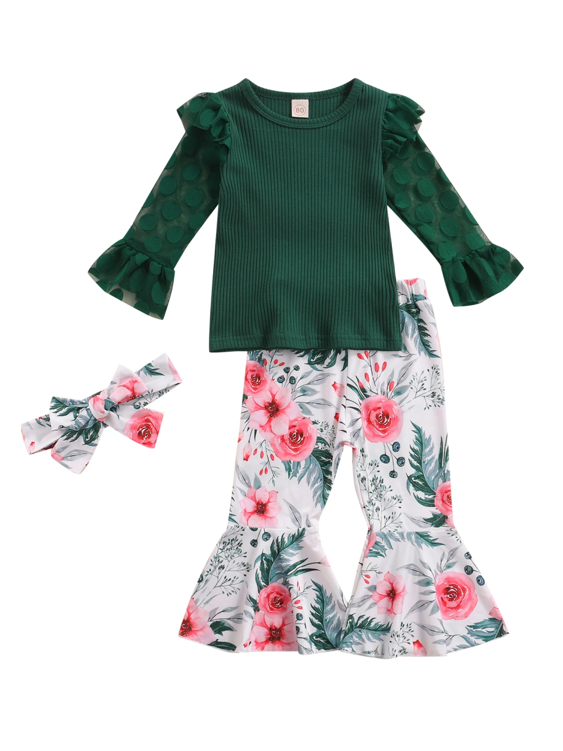 Girl Clothes Set, Solid Color Tops+Floral Print Flared Pant+Headband
