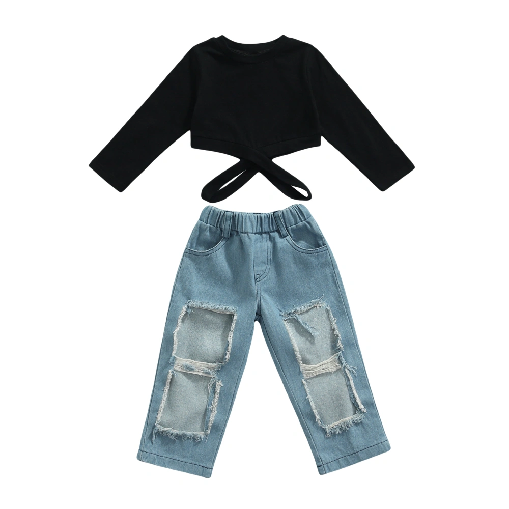 Kids Solid Color O-Neck Long Sleeve Hollow Out Tops+ Ripped Jeans