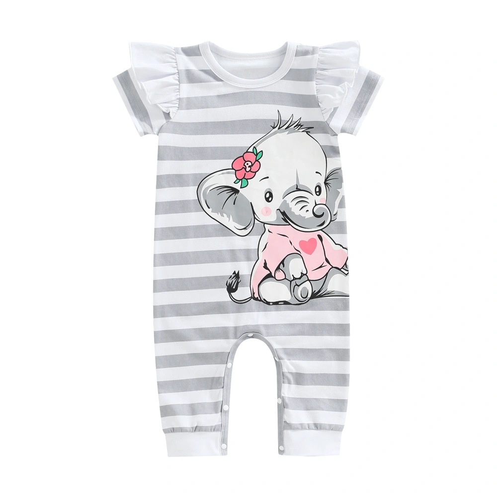 Infant Baby Short Sleeve Romper, Cute Elephant Striped Bodysuit