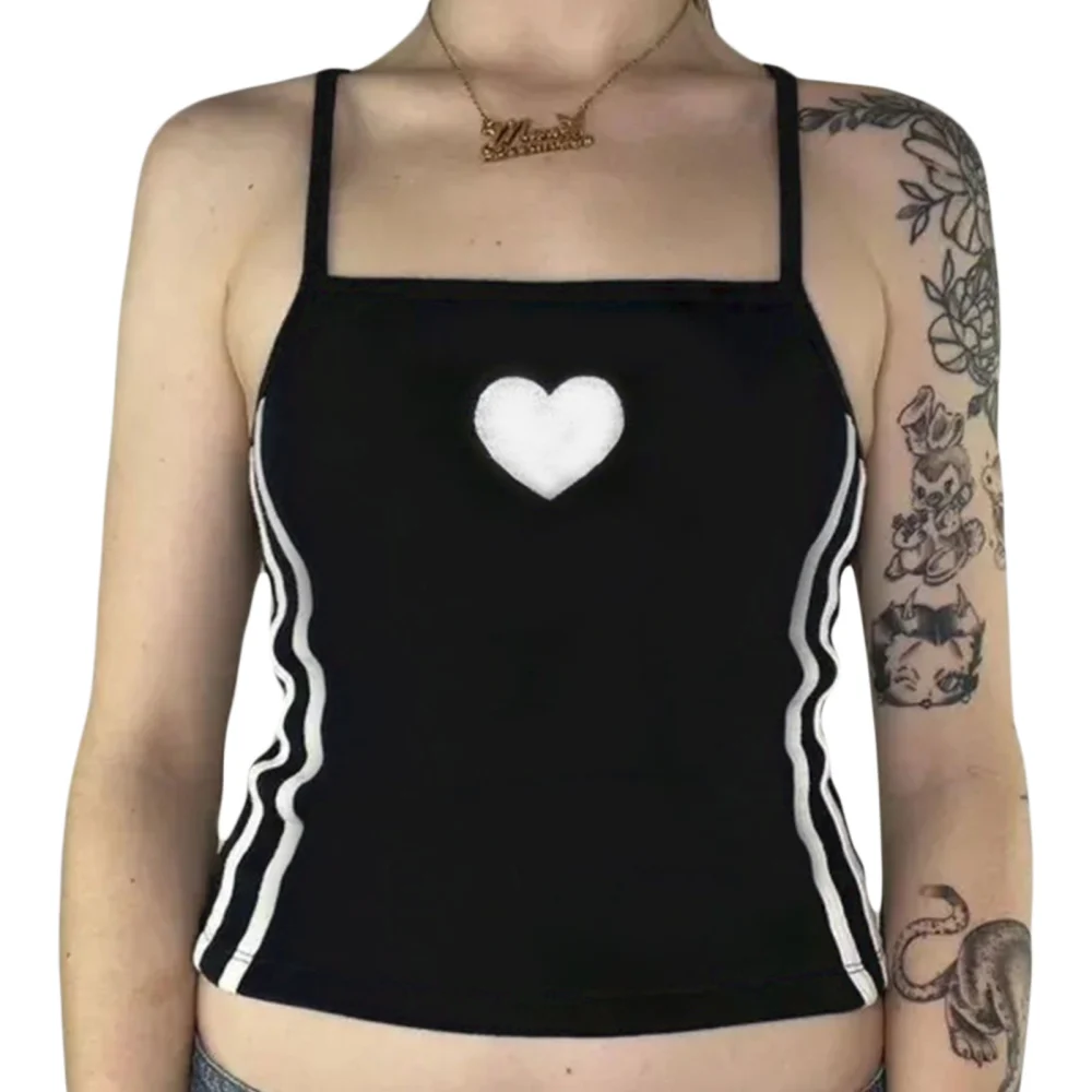 Women's Striped Cami Tops, Sleeveless Heart Embroidery Camisole