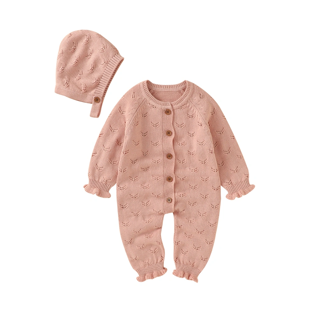 Baby Outfit, Solid Color Knitted Long Sleeves Buttons Romper + Hat