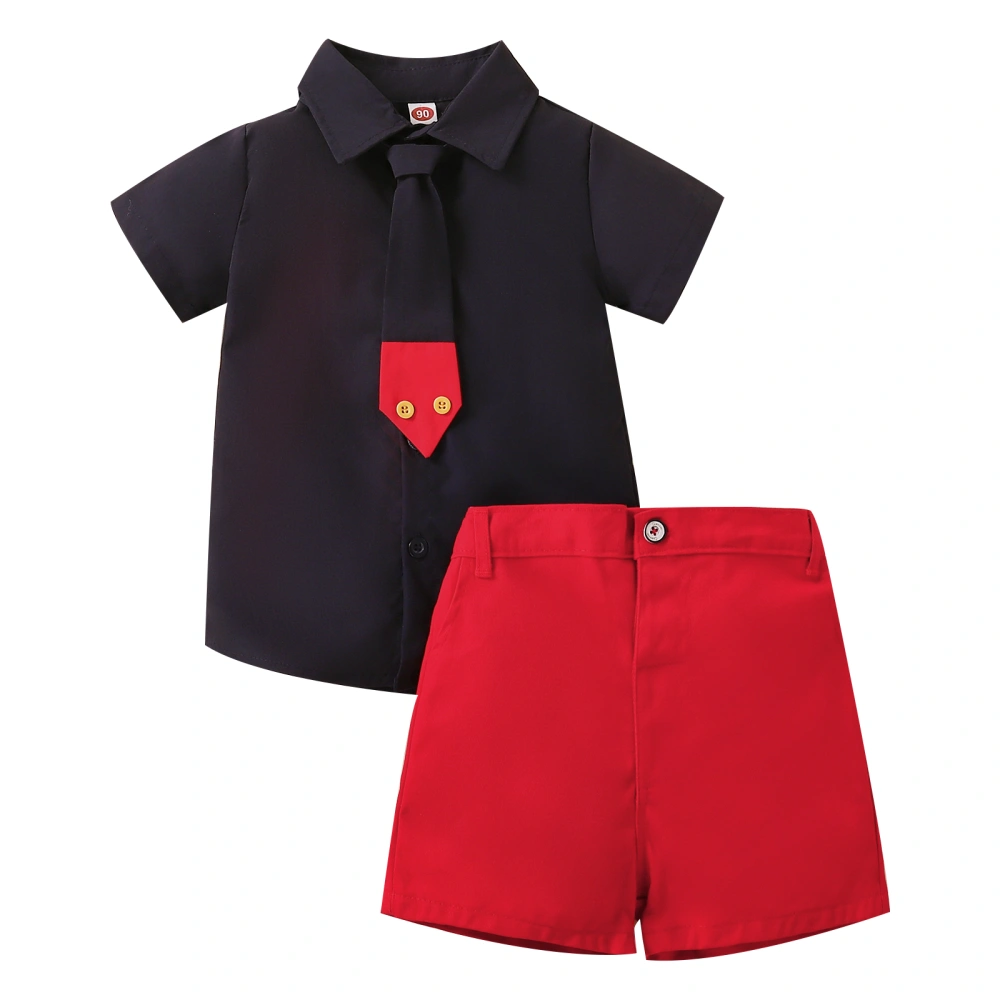 Kids Contrast Color Lapel Short Sleeve Shirt with Necktie+ Short Pants