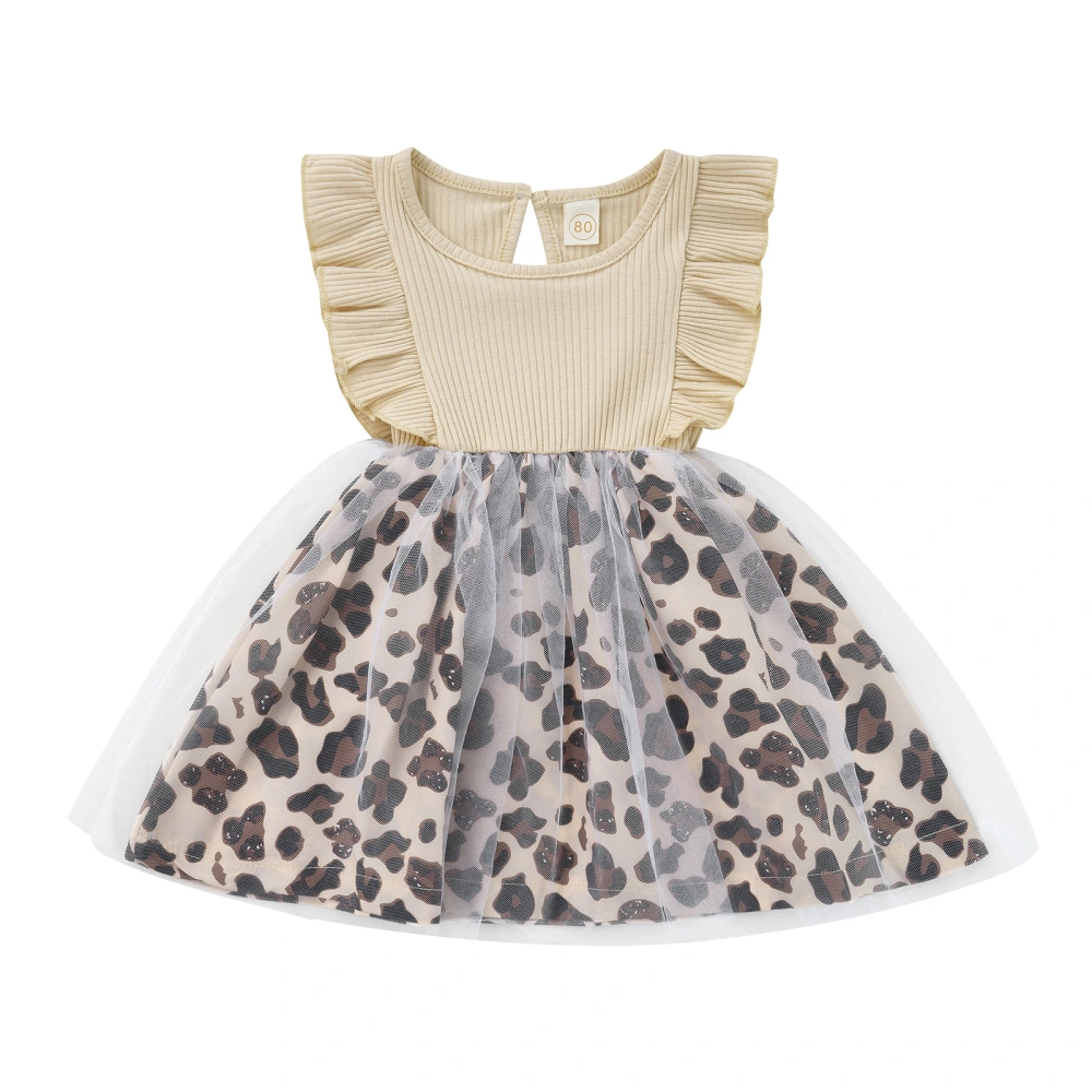 Kids Leopard Print Round Neck Sleeveless Ruffle Patchwork Dress