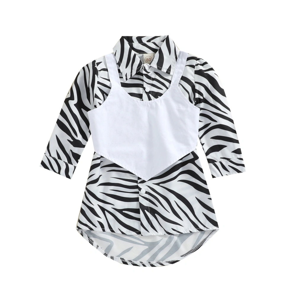 2Pcs Girls Summer Outfit, Zebra Stripe Long Sleeves Shirt Dress + Vest