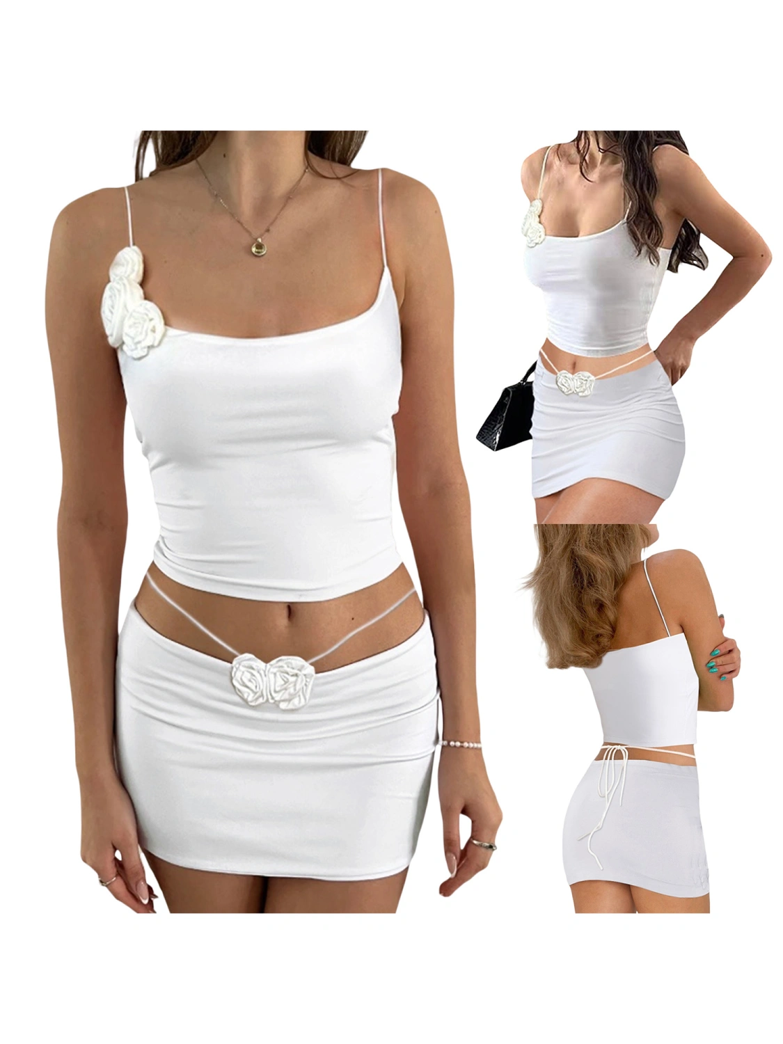Women Skirt Set, Flower Camisole + Low Waist Tie-up Mini Bodycon Skirt