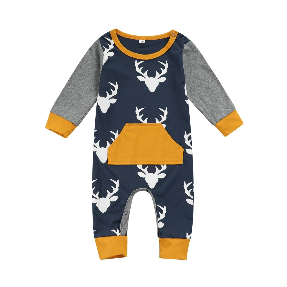 Baby Long Sleeve Romper, Deer Head Print Jumpsuit with Front Pocket