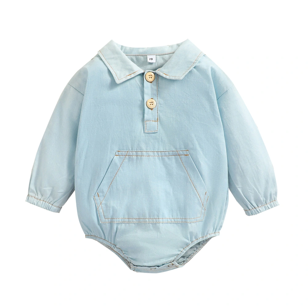 Babies Romper, Light Blue Solid Color Long Sleeve Collared One-piece