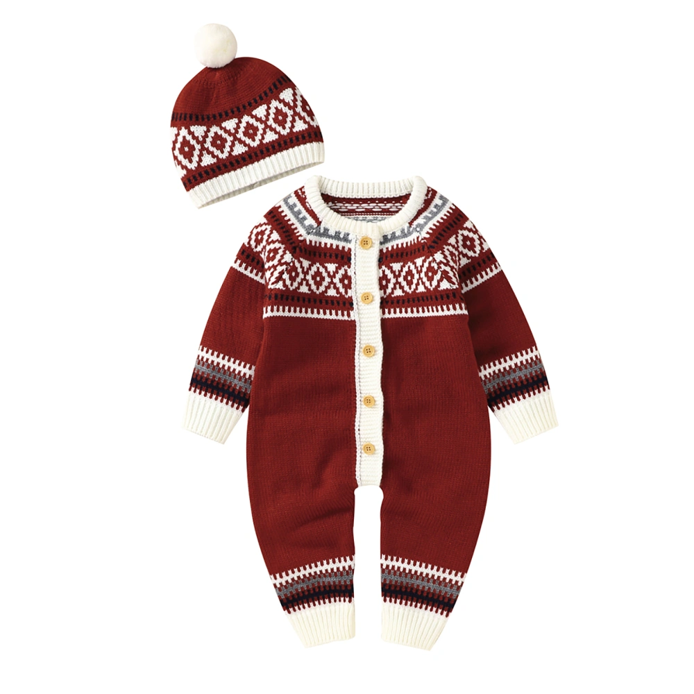 Baby Christmas Jacquard Clothes Set, Long Sleeve Button-up Romper+Hat