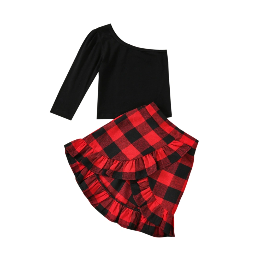 Girl’s One-shoulder Long Sleeve Tops and Plaid Ruffle Short Skirt Set