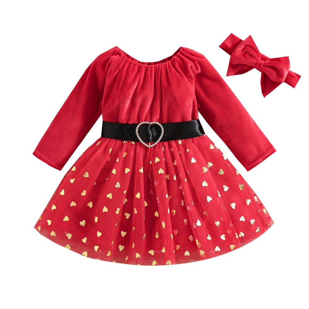 Girls Autumn Dress Love Heart Velvet Belted Tulle Dress and Headband