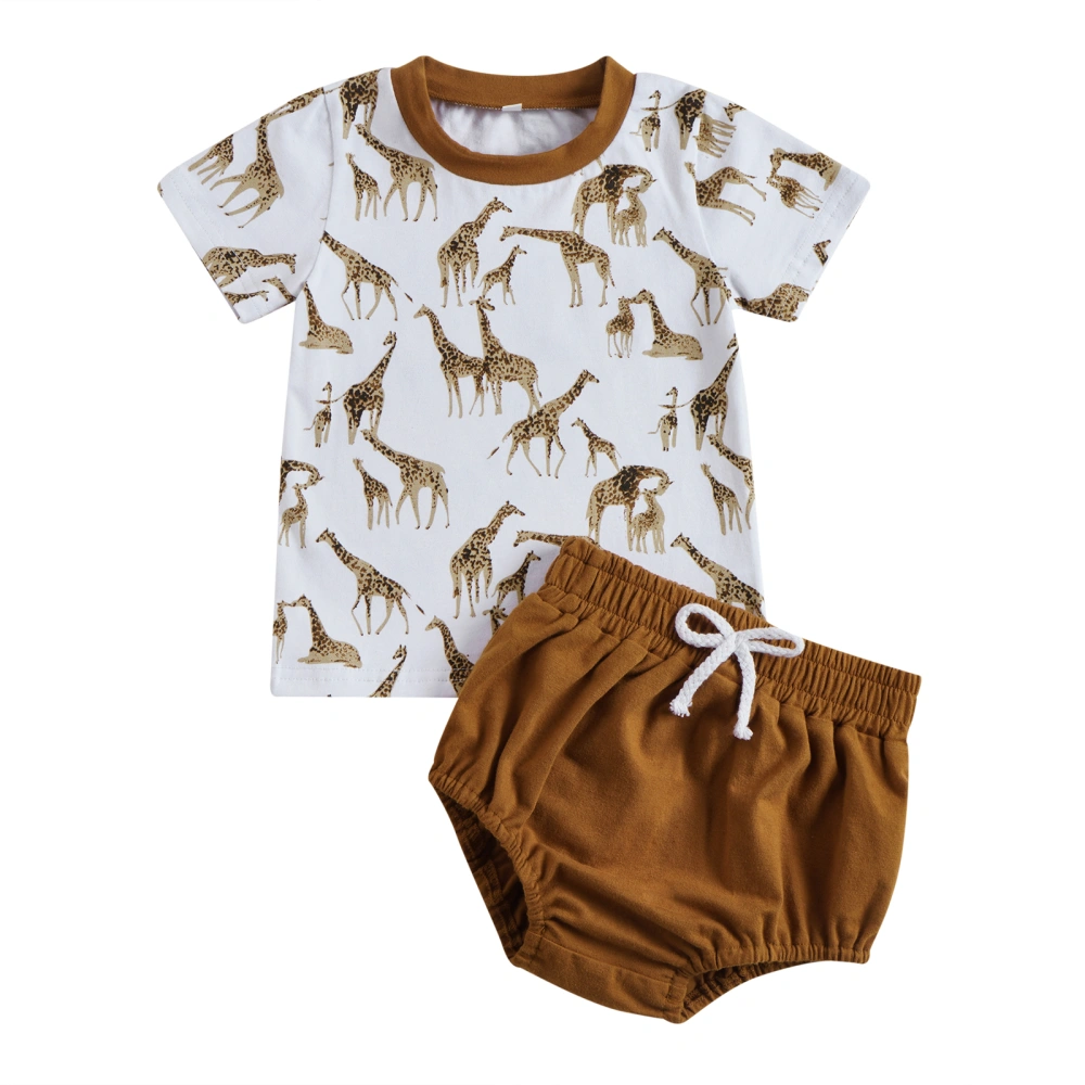 Boys Short Sleeve Deer Print T-shirt + Brown Drawstring Shorts