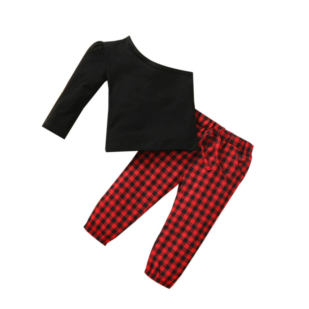 Girl’s Fashion Solid Color Single Sleeve Tops and Plaid Trousers Suit