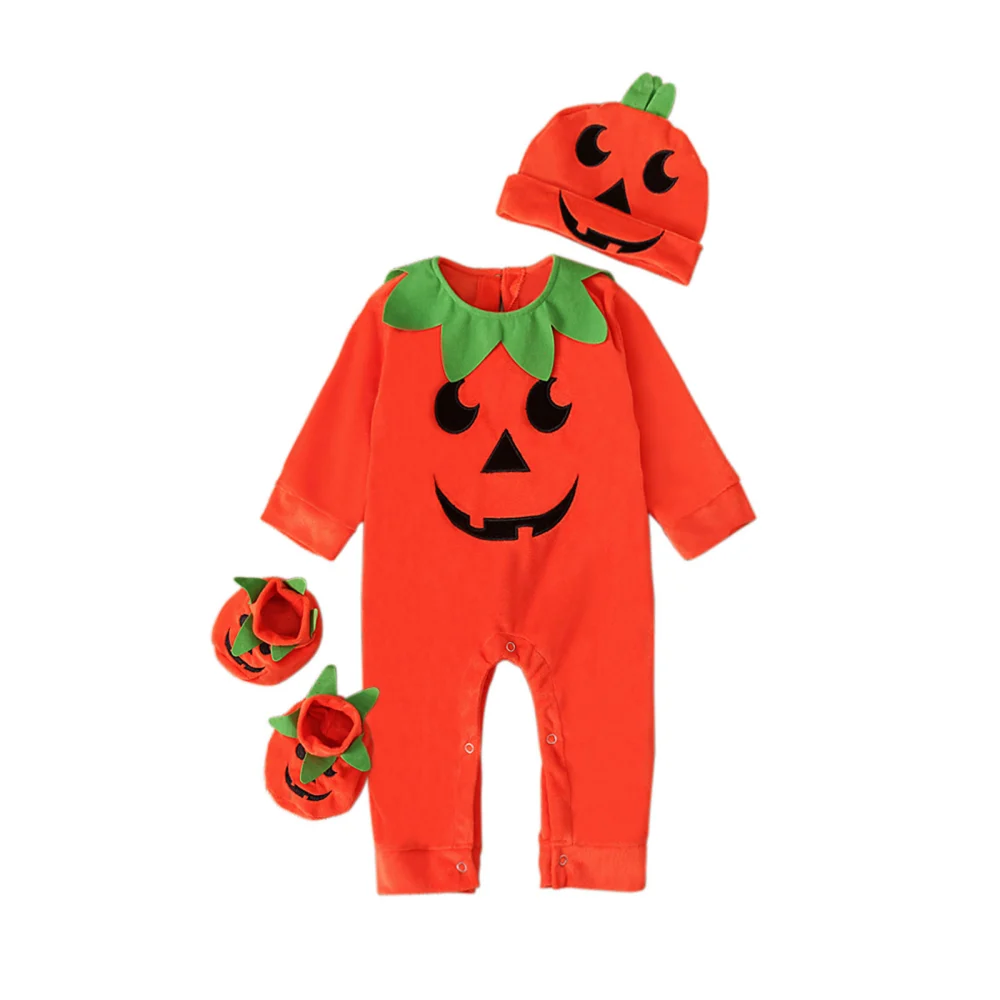 Baby Romper Long Sleeve Crotch Button Halloween Pumpkin Bodysuit