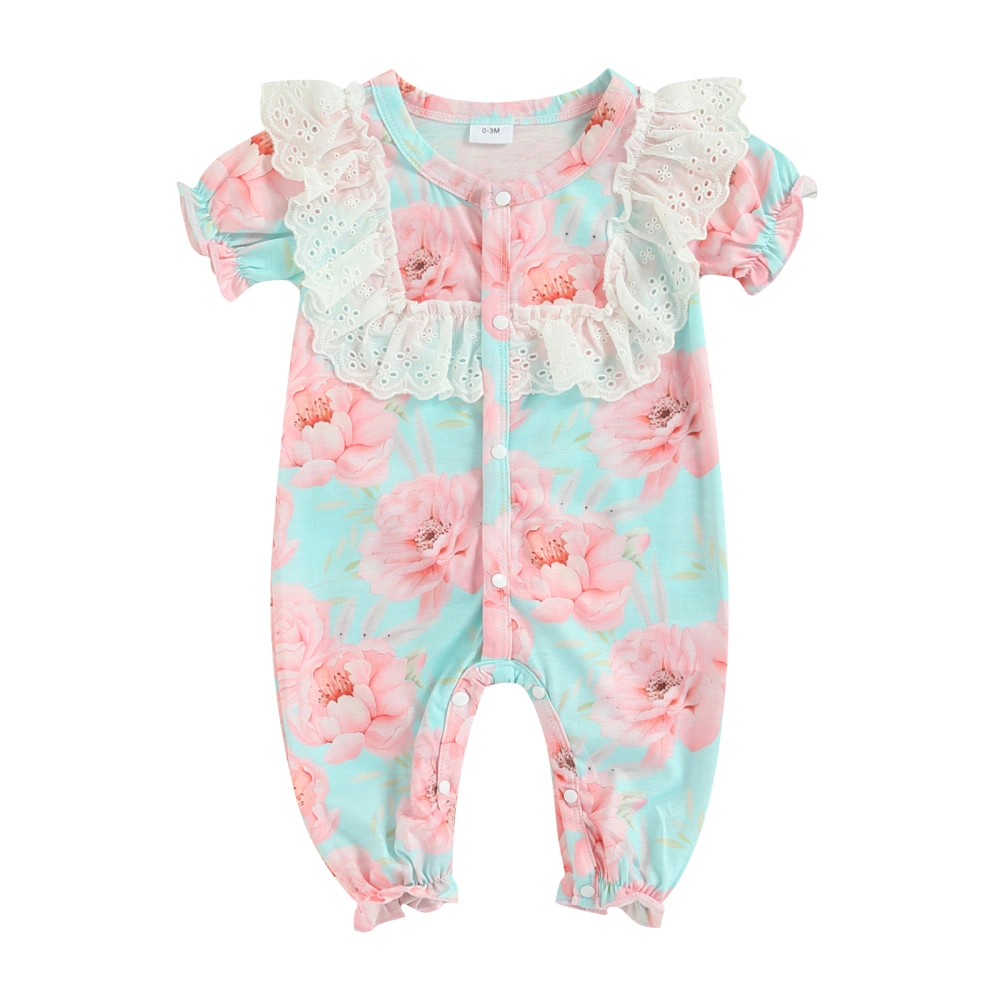 Baby Girl’s Flower Print Flounce Round Neck Snap Short Sleeve Jumpsuit