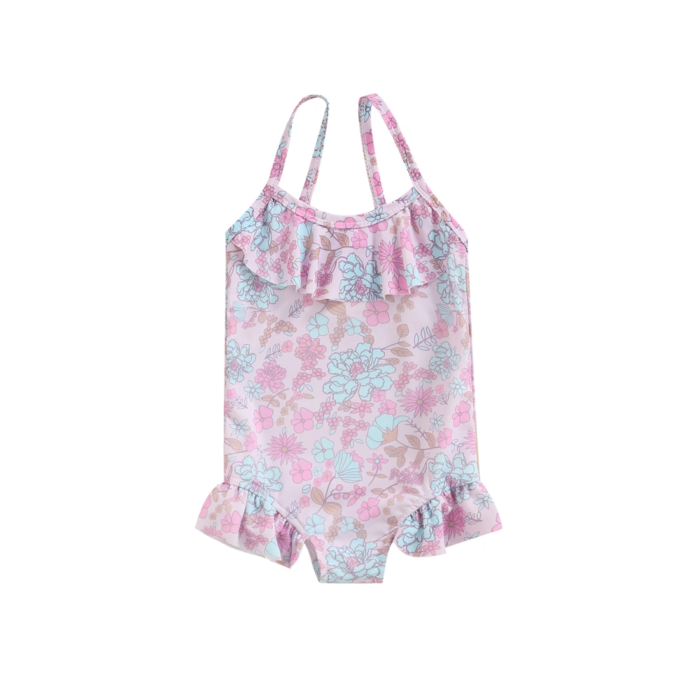 Girls Swimwear, Pink Floral Print Sleeveless One-piece Bathing Suit